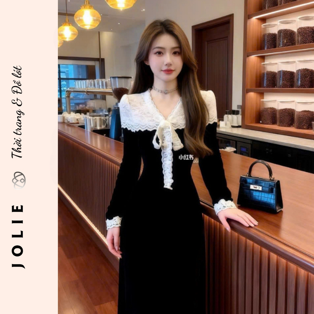Đầm Nữ Nhung Đen Dáng Dài Vintage Cổ V Phối Ren Trắng Thắt Nơ Tiểu Thư Lãng Mạn