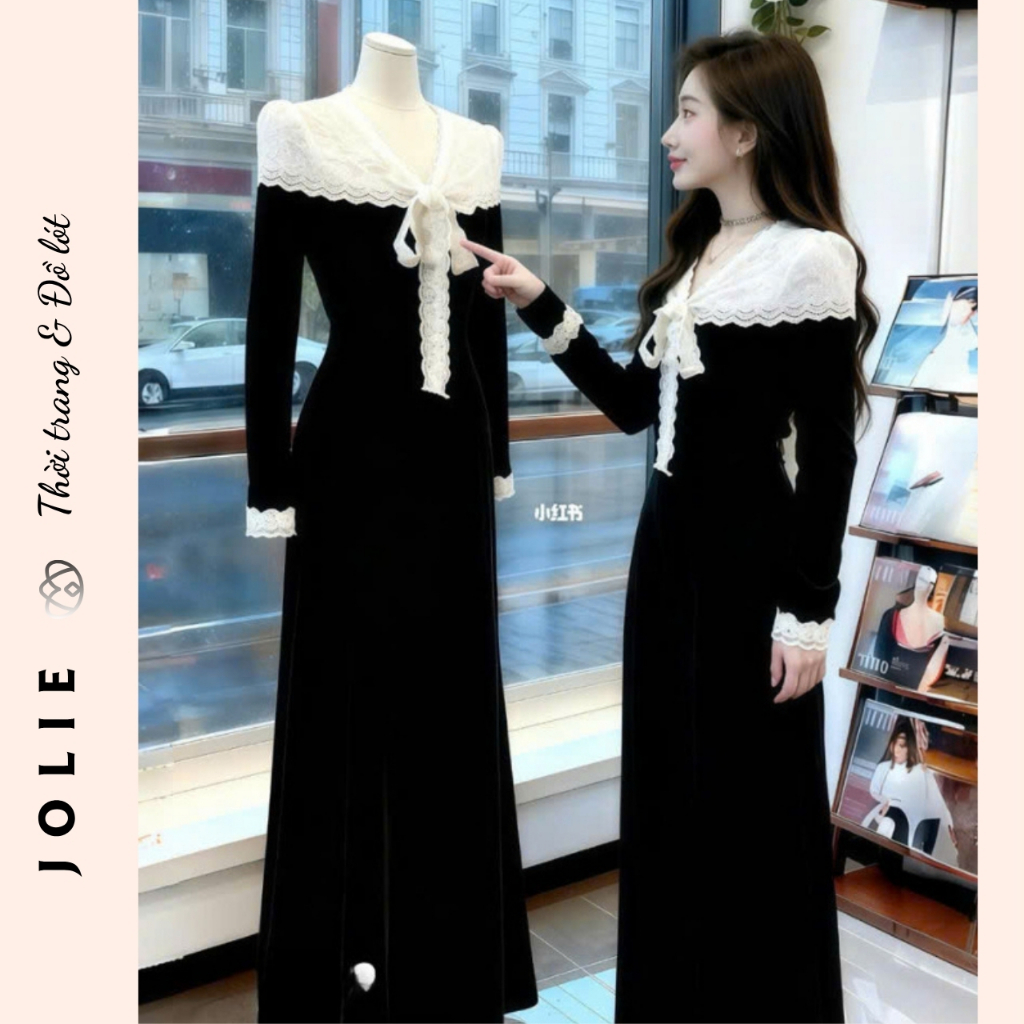 Đầm Nữ Nhung Đen Dáng Dài Vintage Cổ V Phối Ren Trắng Thắt Nơ Tiểu Thư Lãng Mạn