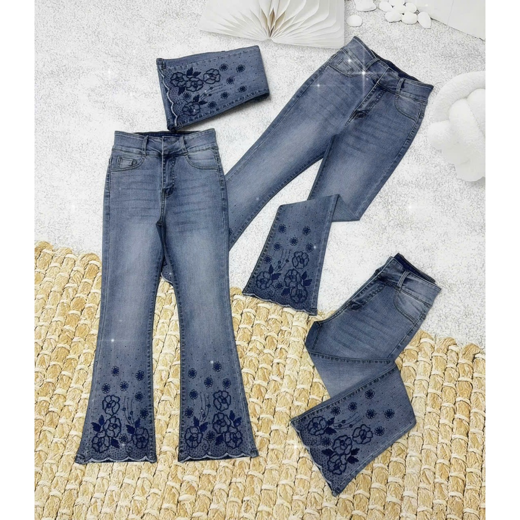 (90-92cm) Quần Jeans Nữ, Quần Bò Nữ 9 tấc Lưng Cao Thêu Hoa Đính đá thời trang