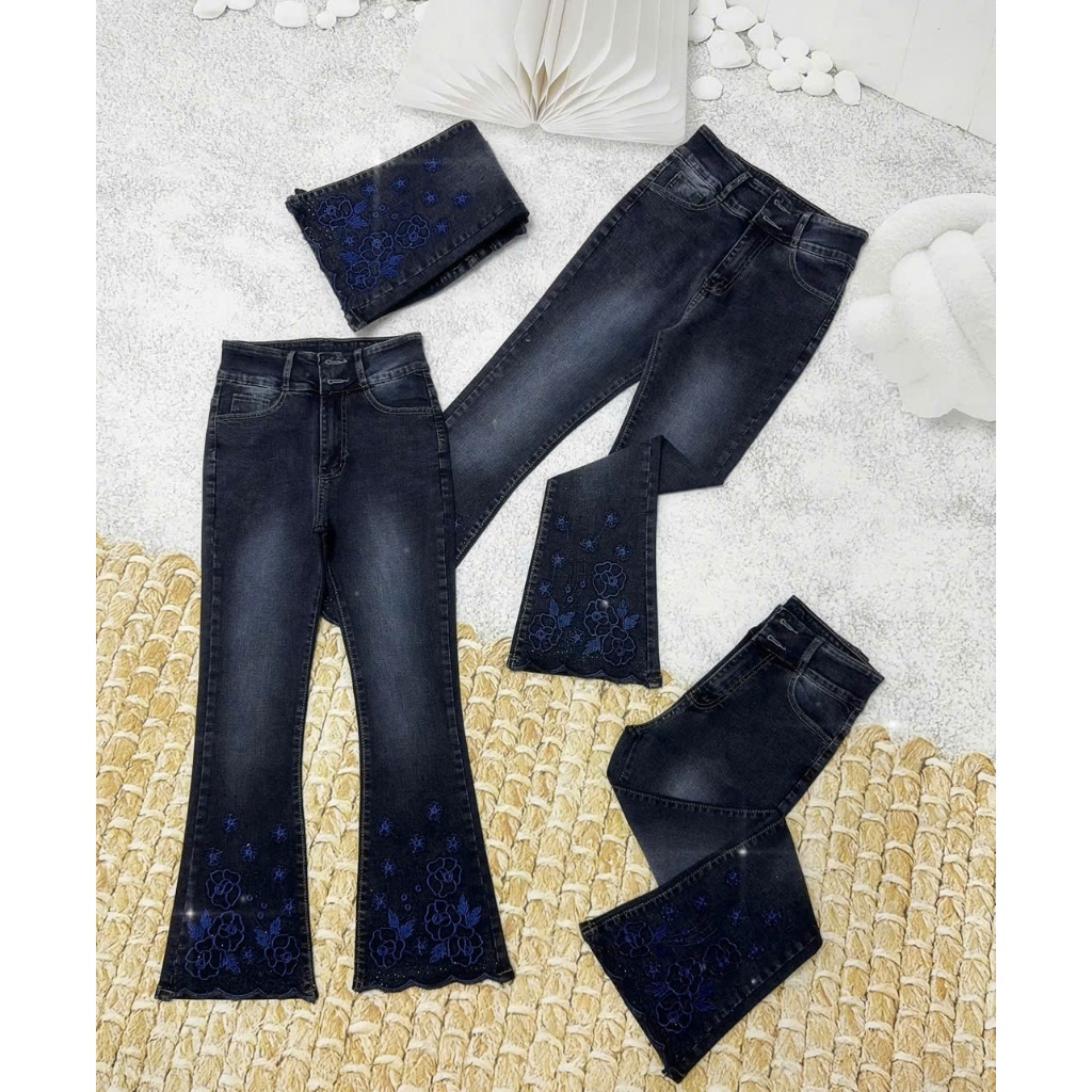 (90-92cm) Quần Jeans Nữ, Quần Bò Nữ 9 tấc Lưng Cao Thêu Hoa Đính đá thời trang