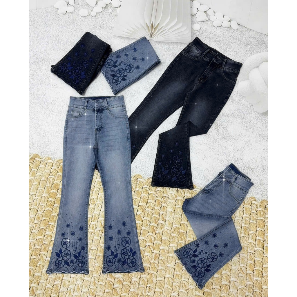 (90-92cm) Quần Jeans Nữ, Quần Bò Nữ 9 tấc Lưng Cao Thêu Hoa Đính đá thời trang