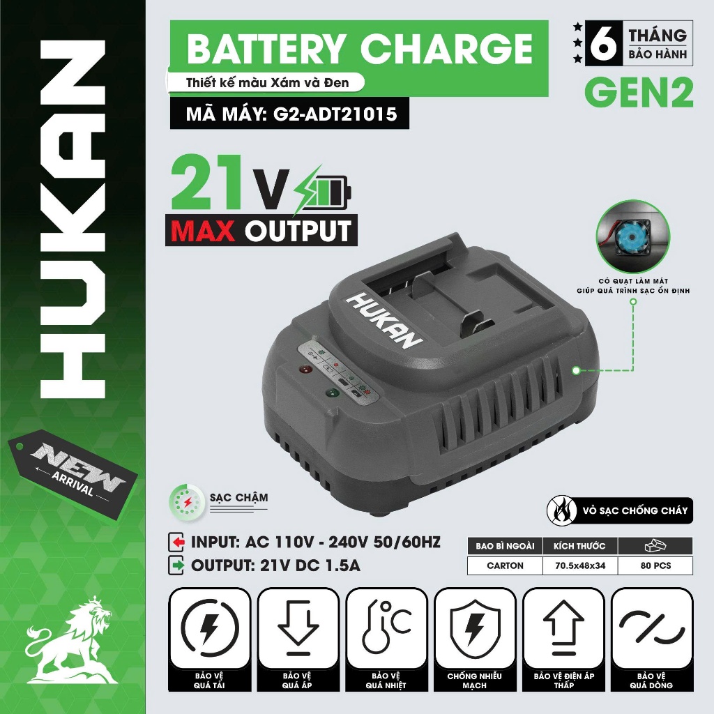 Bộ Sạc Nhanh HUKAN G2-ADT21015 | Sạc 21V Dòng Ra 1.5Ah,2.0Ah | Có Quạt Tản Nhiệt |  Điện Áp 110-240V