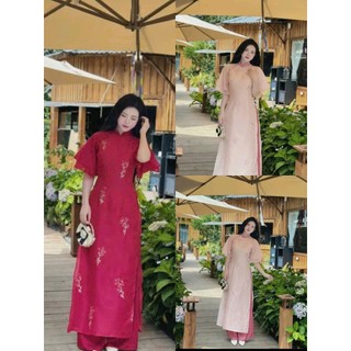 Set áo dài thời trang nữ chất tơ tay loe 2 lớp cổ trụ họa tiết thêu hoa phối quần chéo nhung dài ống rộng