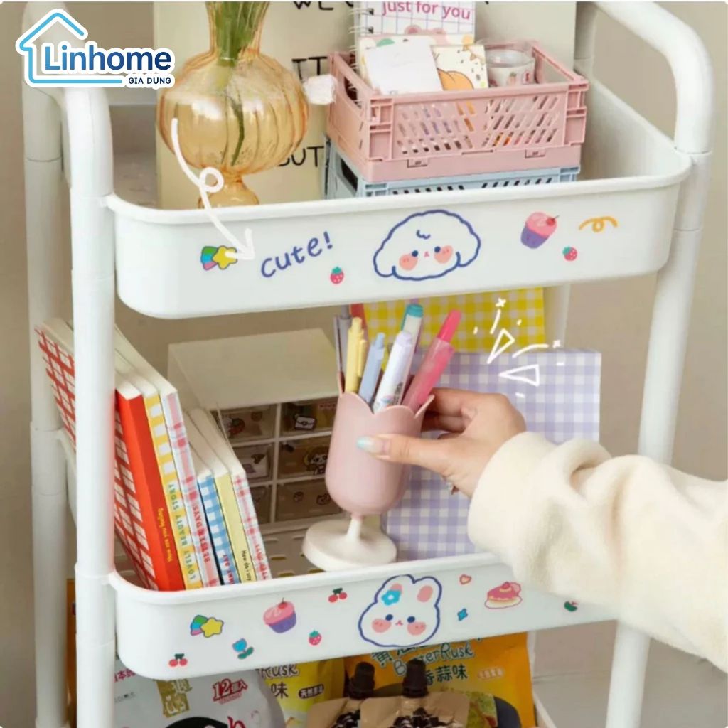 Kệ Đựng Đồ kèm STICKER 3 tầng, 4 Tầng Có Bánh Xe Di Chuyển Tặng Kèm Sticker Dễ Thương LINHOME