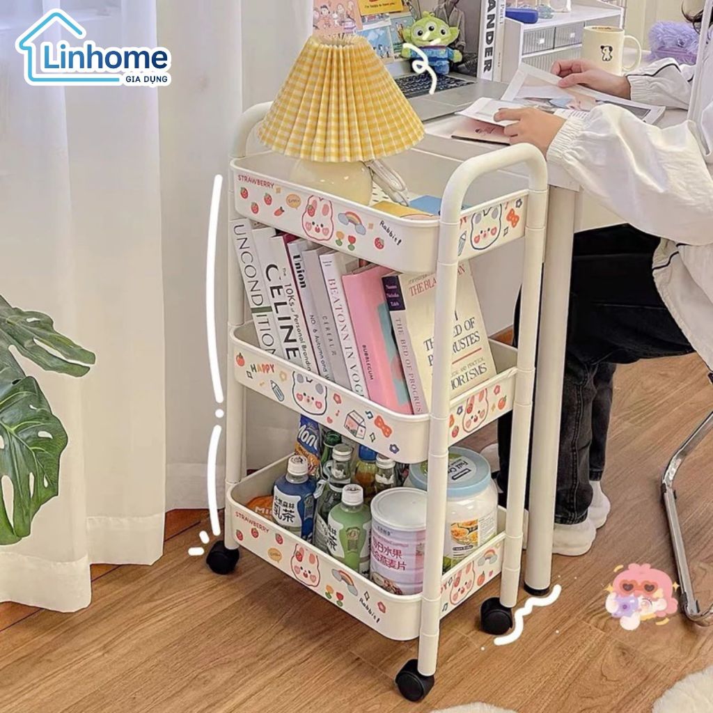 Kệ Đựng Đồ kèm STICKER 3 tầng, 4 Tầng Có Bánh Xe Di Chuyển Tặng Kèm Sticker Dễ Thương LINHOME
