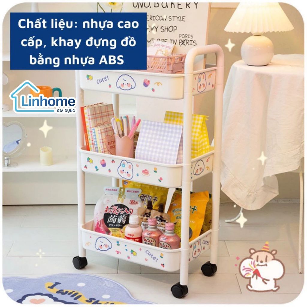 Kệ Đựng Đồ kèm STICKER 3 tầng, 4 Tầng Có Bánh Xe Di Chuyển Tặng Kèm Sticker Dễ Thương LINHOME