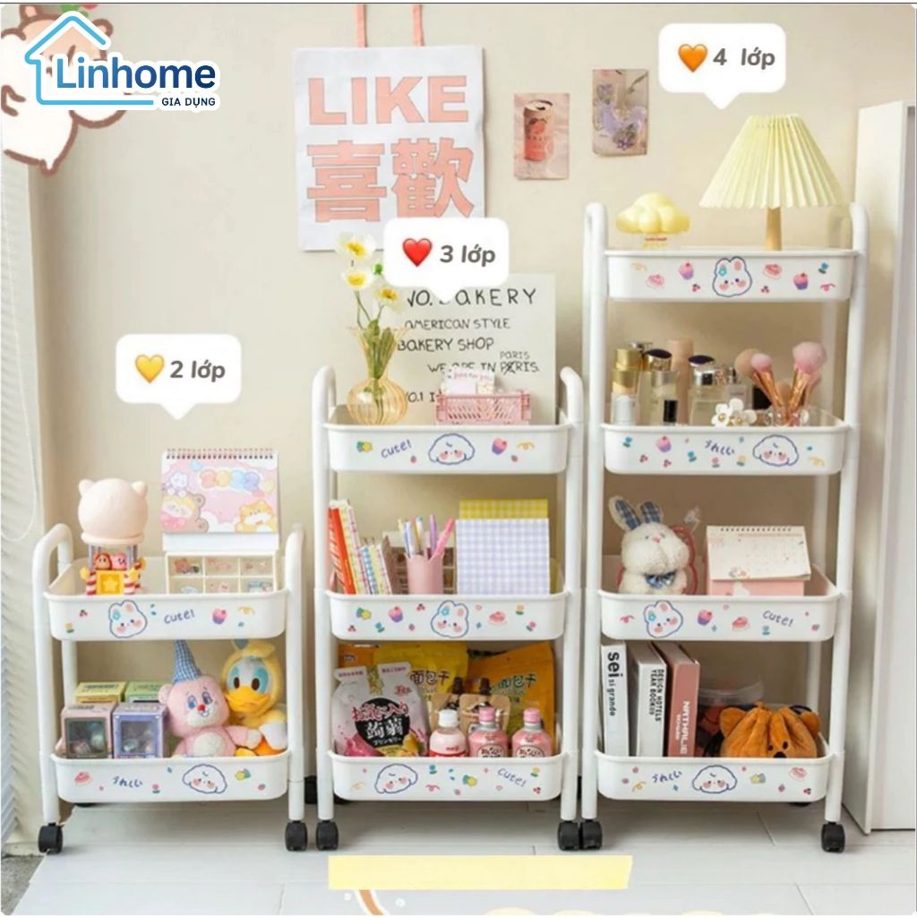 Kệ Đựng Đồ kèm STICKER 3 tầng, 4 Tầng Có Bánh Xe Di Chuyển Tặng Kèm Sticker Dễ Thương LINHOME