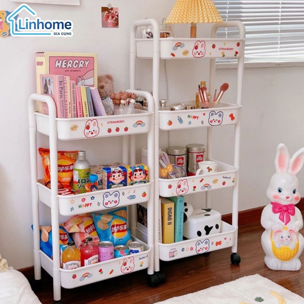 Kệ Đựng Đồ kèm STICKER 3 tầng, 4 Tầng Có Bánh Xe Di Chuyển Tặng Kèm Sticker Dễ Thương LINHOME