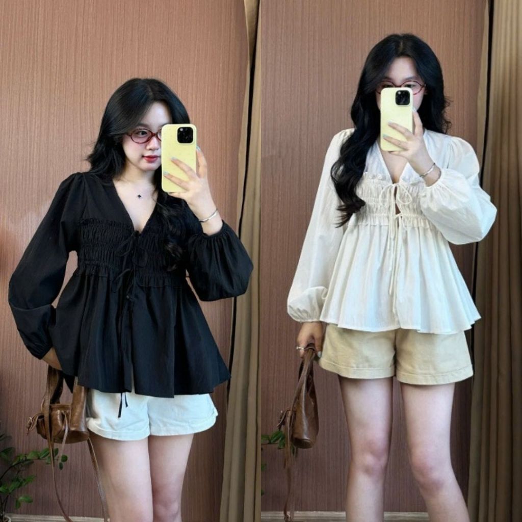 Áo Babydoll Joolate Cổ V Tay Dài Thắt Nơ Trước Nhún Eo Bèo Nhẹ Hàn Quốc Mặc Thu Đông Điệu Đà  02_P5K5