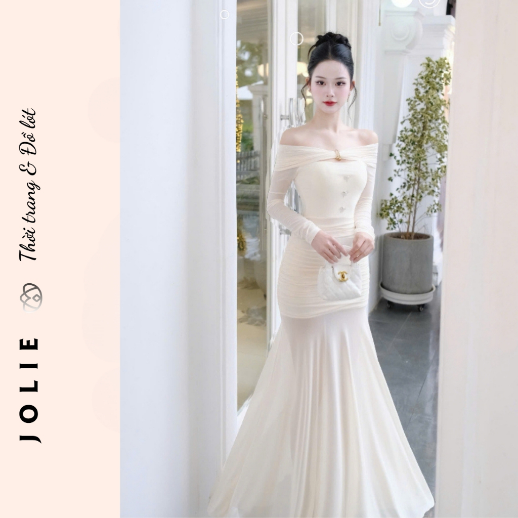 Đầm Dạ Hội Dáng Dài Đuôi Cá Trễ Vai Phối Tay Lưới Xuyên Thấu Chiết Eo Nhún Thun Màu Kem