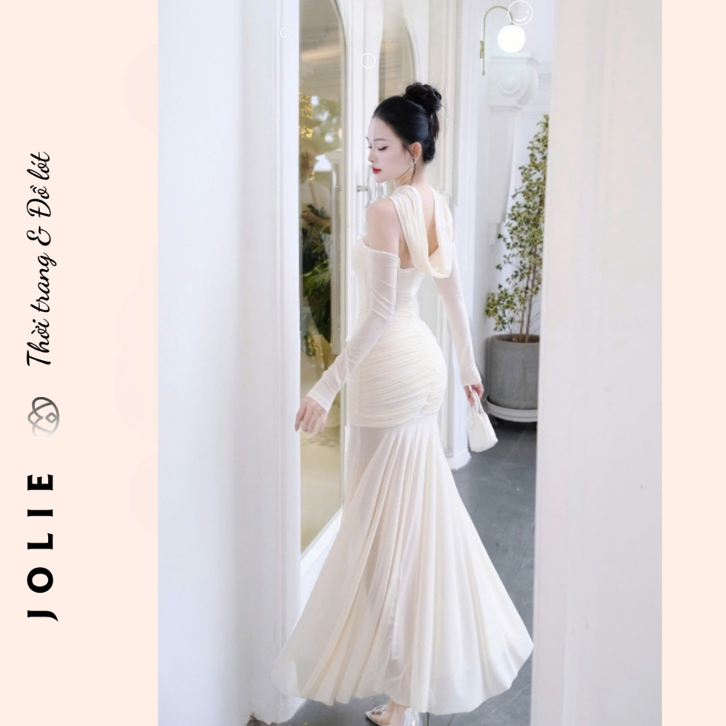 Đầm Dạ Hội Dáng Dài Đuôi Cá Trễ Vai Phối Tay Lưới Xuyên Thấu Chiết Eo Nhún Thun Màu Kem