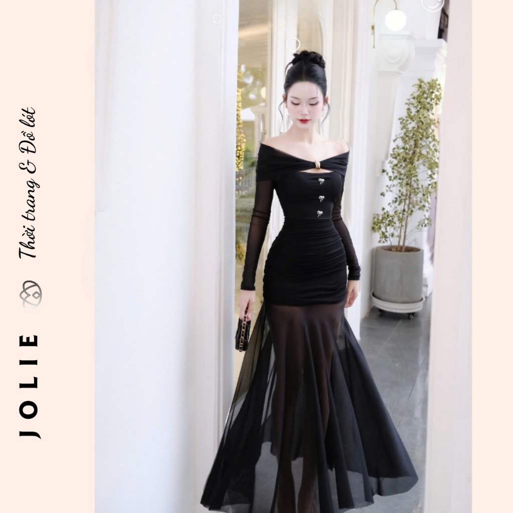 Đầm Dạ Hội Dáng Dài Đuôi Cá Trễ Vai Phối Tay Lưới Xuyên Thấu Chiết Eo Nhún Thun Màu Kem