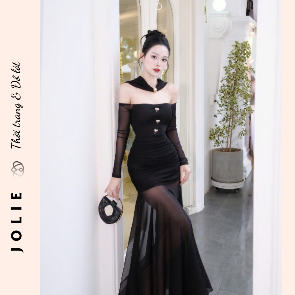 Đầm Dạ Hội Dáng Dài Đuôi Cá Trễ Vai Phối Tay Lưới Xuyên Thấu Chiết Eo Nhún Thun Màu Kem