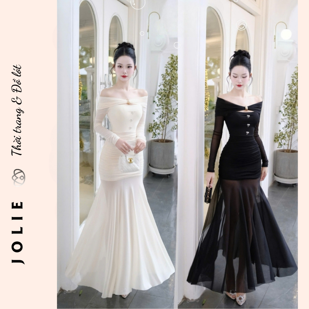 Đầm Dạ Hội Dáng Dài Đuôi Cá Trễ Vai Phối Tay Lưới Xuyên Thấu Chiết Eo Nhún Thun Màu Kem