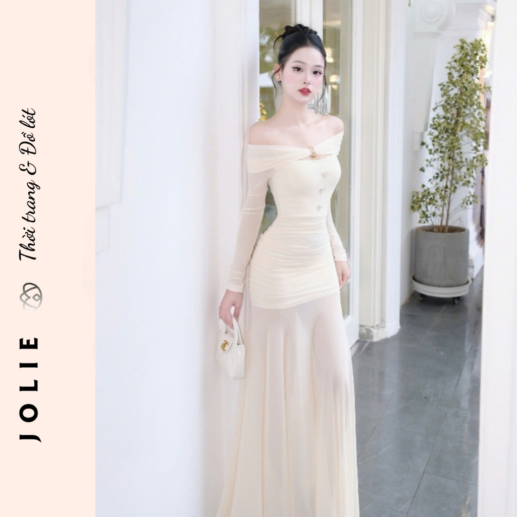 Đầm Dạ Hội Dáng Dài Đuôi Cá Trễ Vai Phối Tay Lưới Xuyên Thấu Chiết Eo Nhún Thun Màu Kem