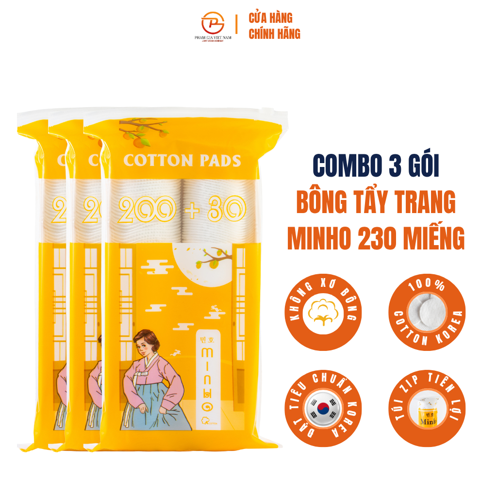 [Combo 3 Gói] Bông Tẩy Trang Minho 230 Miếng - Mềm Mịn, Không Xơ Bông