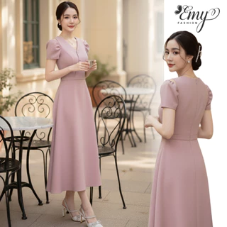 Đầm Dự Tiệc Thiết Kế EMY Thời Trang Cao Cấp EM4058 Vải Linen Xược Gân Hồng Đất Thanh Lịch