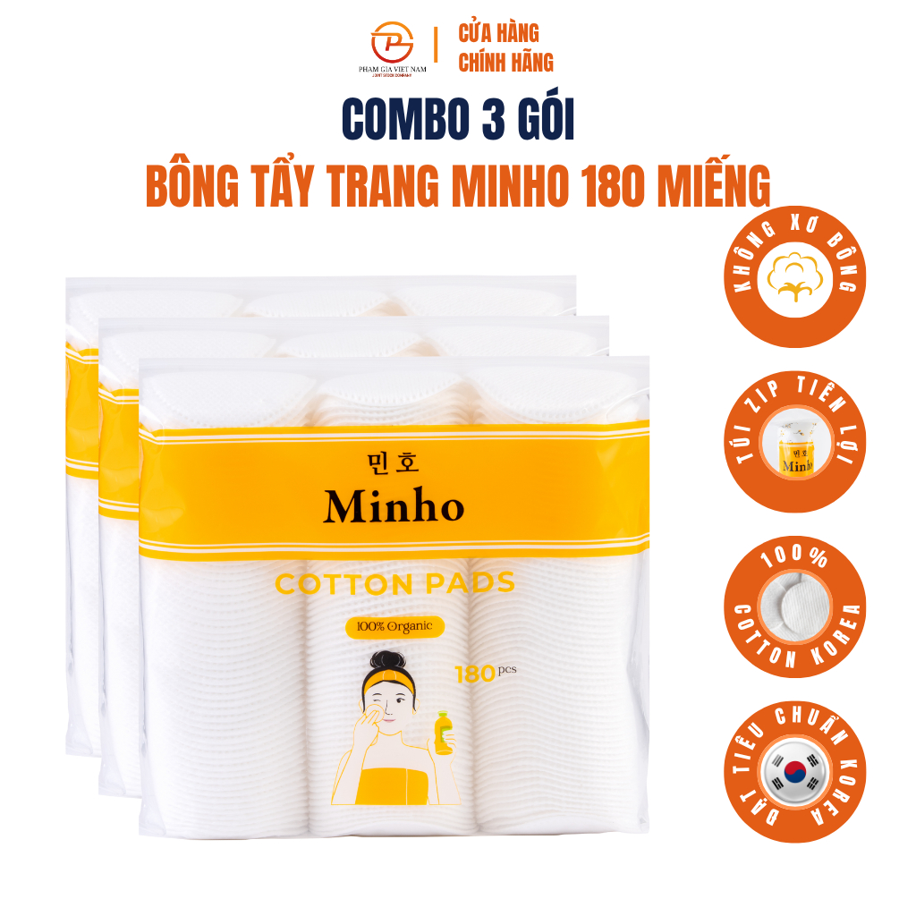[Combo 3 Gói] Bông Tẩy Trang Minho 180 Miếng - Mềm Mịn, Không Xơ Bông