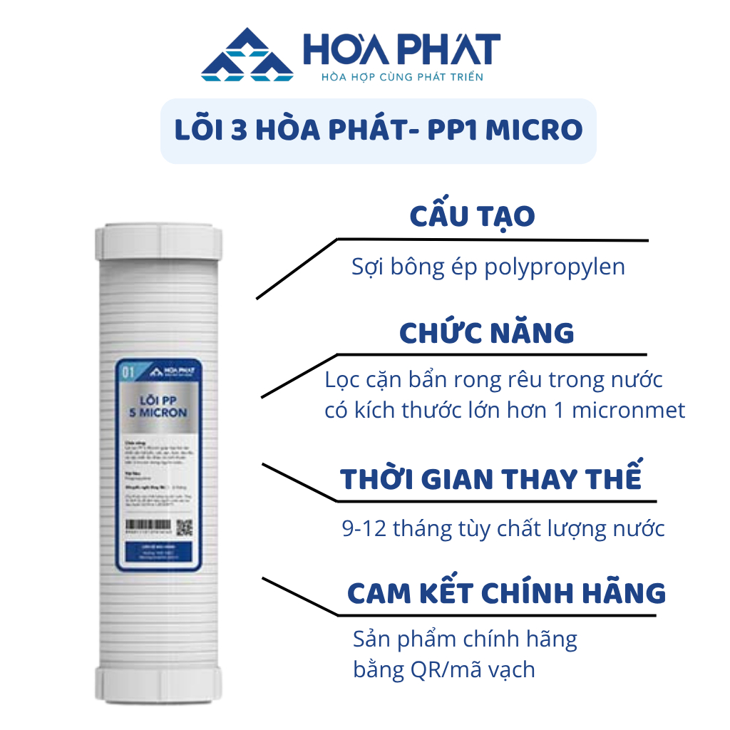 Bộ 3 lõi lọc thô 123 Hòa Phát dùng cho máy lọc nước RO gia đình lắp 3 cốc 10inch, Lõi lọc Hòa Phát Chính Hã