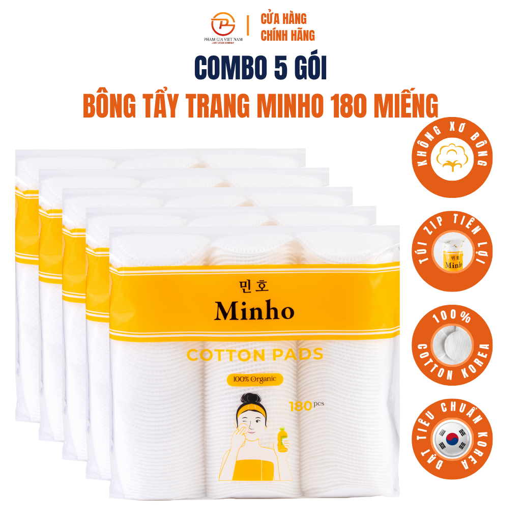 [Combo 5 Gói] Bông Tẩy Trang Minho 180 Miếng - Mềm Mịn, Không Xơ Bông