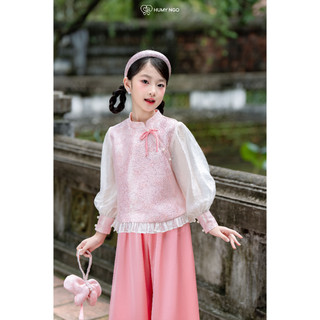 [HÀNG SẴN] - Set đồ Tết cho bé gái HUMY NGO bé 4-12 tuổi, áo cổ Tàu vải gấm tay voan phối quần hồng pastel [S193