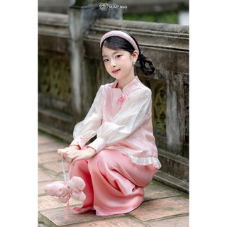 [HÀNG SẴN] - Set đồ Tết cho bé gái HUMY NGO bé 4-12 tuổi, áo cổ Tàu vải gấm tay voan phối quần hồng pastel [S193