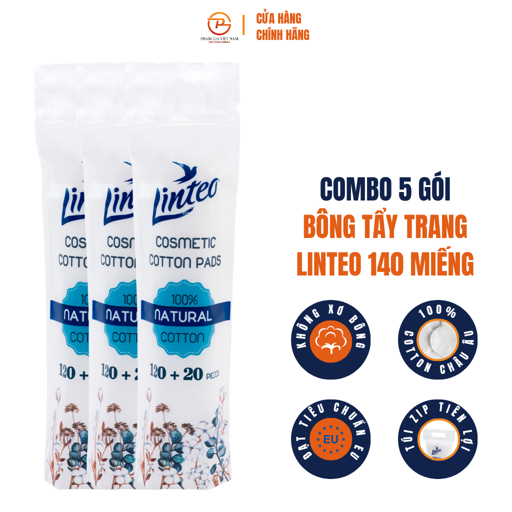 [Combo 3] Bông Tẩy Trang Linteo 140 Miếng – Cotton Mềm Mịn, Không Xơ Bông, Cho Da Nhạy Cảm