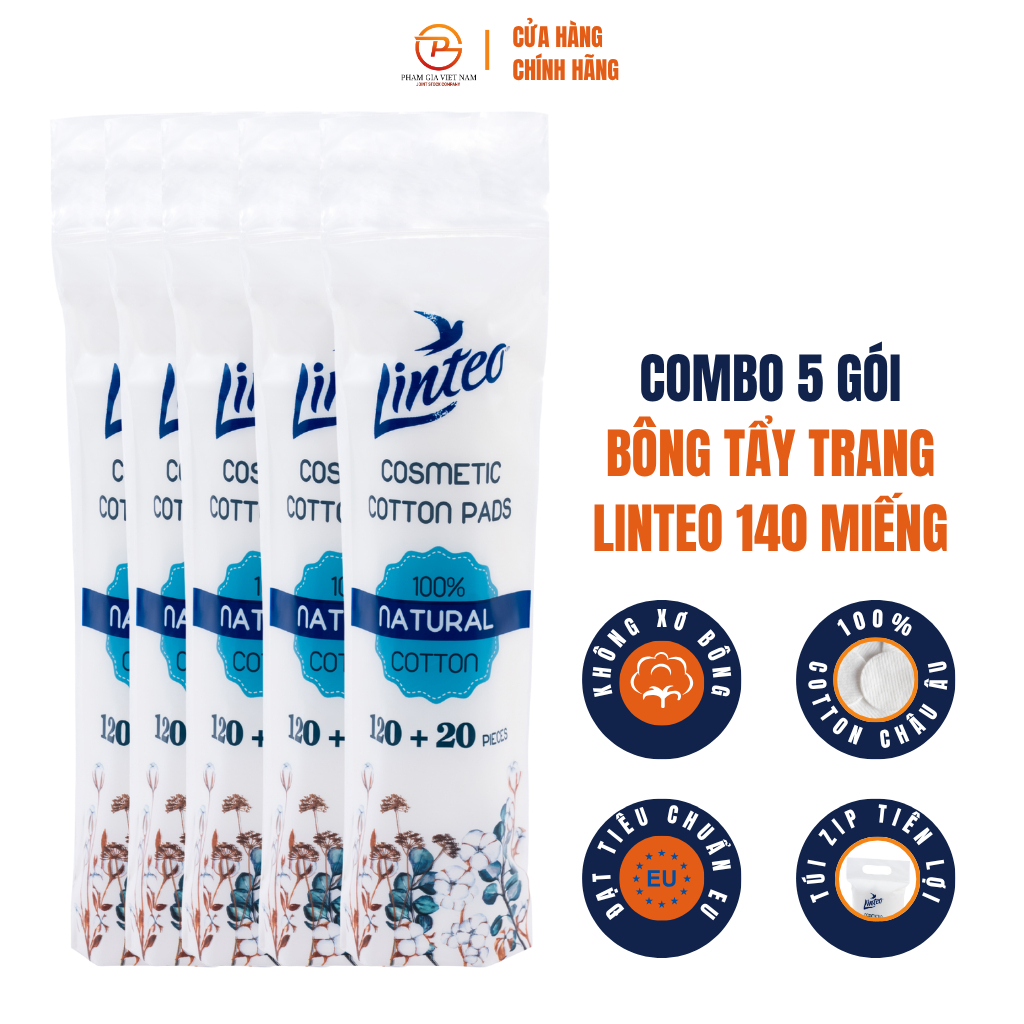 [Combo 5 Gói] Bông Tẩy Trang Linteo 140 Miếng – Cotton Mềm Mịn, Không Xơ Bông,Cho Da Nhạy Cảm