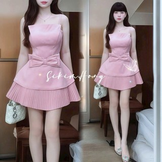 Set váy thời trang nữ thiết kế nhẹ nhàng chất xược hàn dập hoa cao cấp áo 2 dây đính nơ eo phối chân váy xòe xếp ly