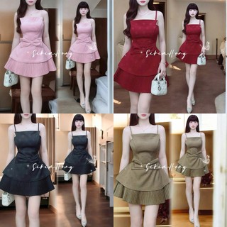 Set váy thời trang nữ thiết kế nhẹ nhàng chất xược hàn dập hoa cao cấp áo 2 dây đính nơ eo phối chân váy xòe xếp ly
