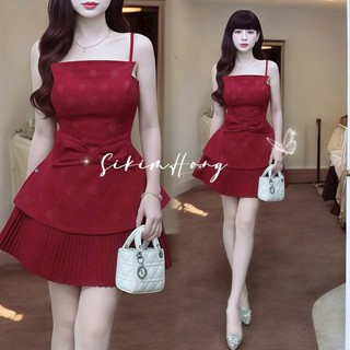Set váy thời trang nữ thiết kế nhẹ nhàng chất xược hàn dập hoa cao cấp áo 2 dây đính nơ eo phối chân váy xòe xếp ly