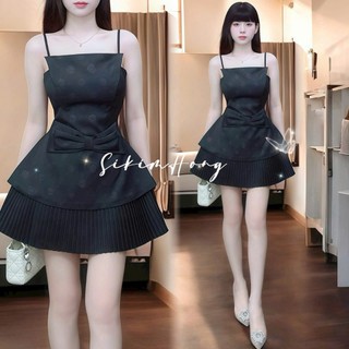 Set váy thời trang nữ thiết kế nhẹ nhàng chất xược hàn dập hoa cao cấp áo 2 dây đính nơ eo phối chân váy xòe xếp ly