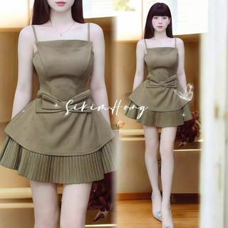 Set váy thời trang nữ thiết kế nhẹ nhàng chất xược hàn dập hoa cao cấp áo 2 dây đính nơ eo phối chân váy xòe xếp ly