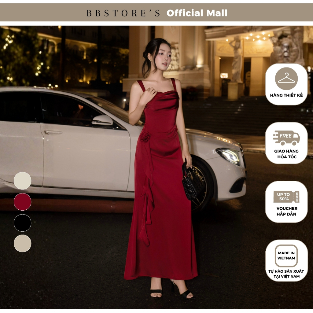 BBSTORE'S Đầm Đi Dự Tiệc Nữ Váy Lụa Dài 2 Dây Cổ Đổ Dáng Suông Đuôi Cá Kết Hoa Thiết Kế Cao Cấp Sang Trọng - D4575A