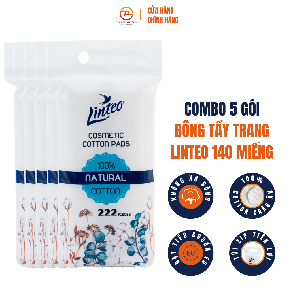 [Combo 5 Gói] Bông Tẩy Trang Linteo 222 Miếng – Cotton Mềm Mịn, Không Xơ Bông, Làm Sạch Trang Điểm Cho Da Nhạy Cảm