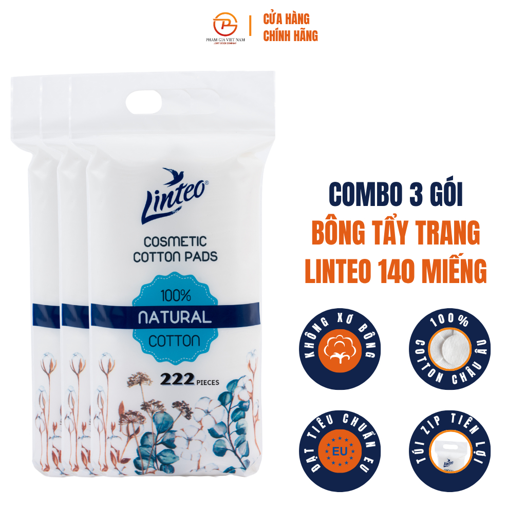 [Combo 3 Gói] Bông Tẩy Trang Linteo 222 Miếng – Cotton Mềm Mịn, Không Xơ Bông, Làm Sạch Trang Điểm Cho Da Nhạy Cảm
