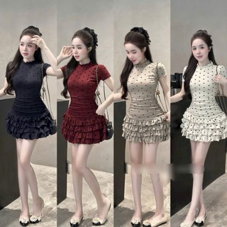 Đầm thời trang nữ phong cách girl phố chất thun tăm tay ngắn cổ tròn váy dáng ngắn xòe nhiều tầng bó eo họa tiết in tim