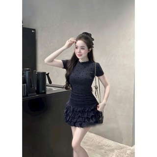 Đầm thời trang nữ phong cách girl phố chất thun tăm tay ngắn cổ tròn váy dáng ngắn xòe nhiều tầng bó eo họa tiết in tim
