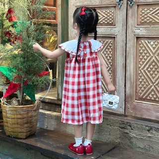 [8-26kg] Váy Sát Nách Cổ Bèo Caro Đỏ Thêu Noel Tết Cho Bé Gái Chất Thô