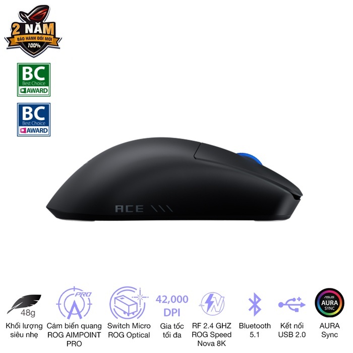 Chuột game không dây Asus ROG Harpe II Ace,Thiết kế nhẹ 48g, Công nghệ không dây ROG SpeedNova 8k