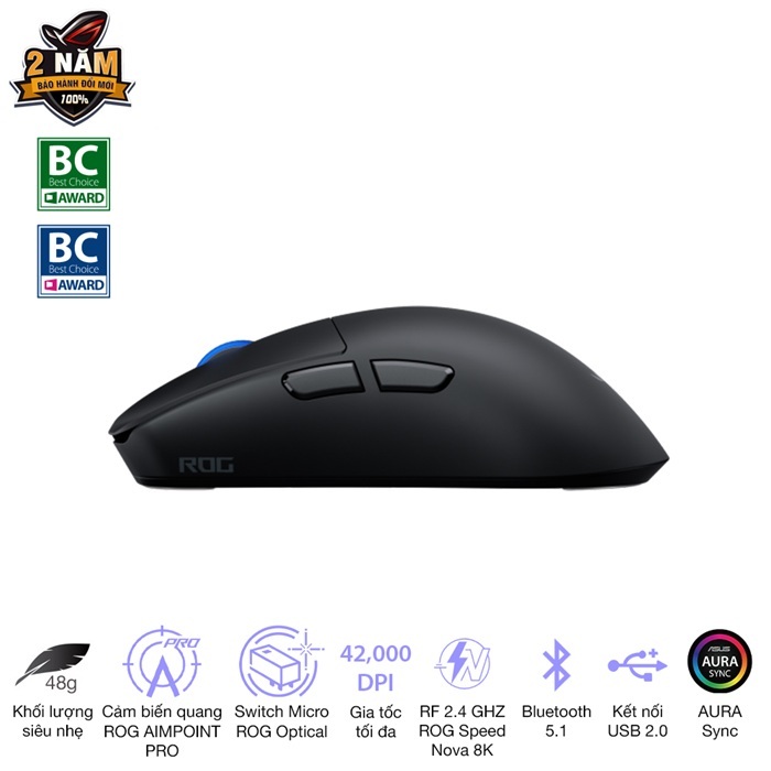 Chuột game không dây Asus ROG Harpe II Ace,Thiết kế nhẹ 48g, Công nghệ không dây ROG SpeedNova 8k