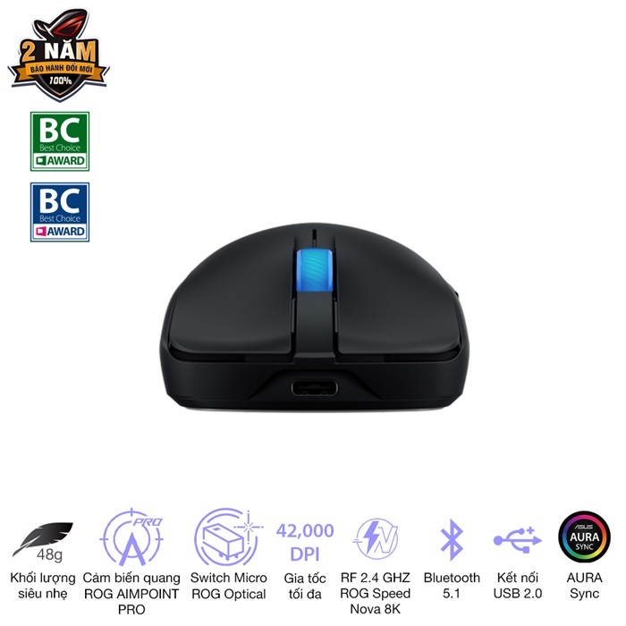Chuột game không dây Asus ROG Harpe II Ace,Thiết kế nhẹ 48g, Công nghệ không dây ROG SpeedNova 8k