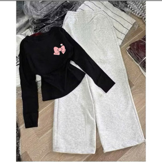 Set bộ áo bbt dài tay in hình kitty + nơ hồng in ngực mix quần nỉ da cá xám