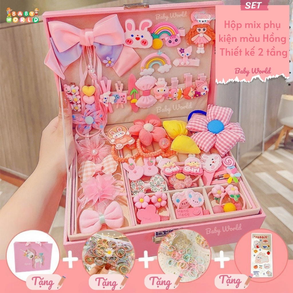 Hộp phụ kiện kẹp tóc Pinkibox dây buộc tóc - trang sức công chúa dễ thương xinh xắn làm quà tặng sinh nhật cho bé gái.