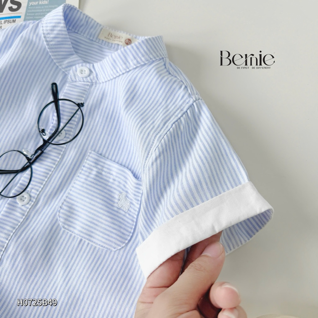 Set sơ mi kẻ cộc tay cổ tàu Bernie họa tiết hình thêu túi kèm quần short kaki mềm mại cho bé trai 9-24kg