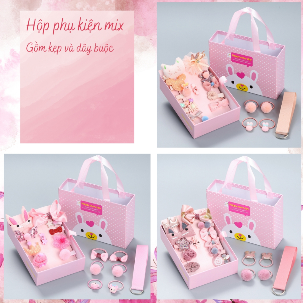 Hộp phụ kiện kẹp tóc Pinkibox dây buộc tóc - trang sức công chúa dễ thương xinh xắn làm quà tặng sinh nhật cho bé gái.