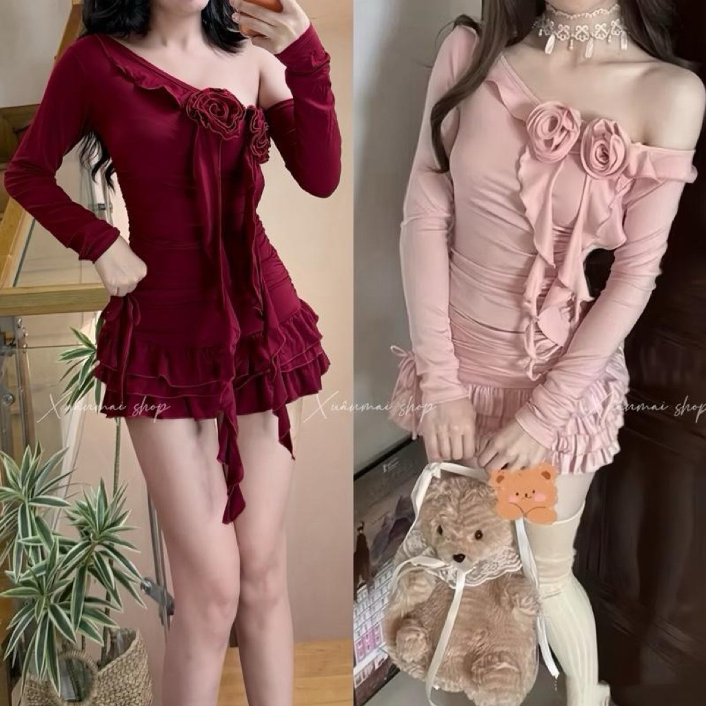 Đầm 2 HOA LỆCH VAI TUA RUA Nhúm eo phối 3 tầng thun ladong Xuân Mai Shop