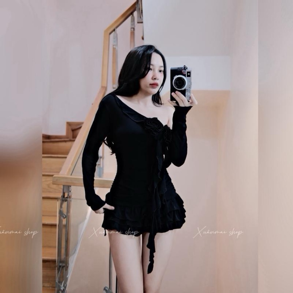 Đầm 2 HOA LỆCH VAI TUA RUA Nhúm eo phối 3 tầng thun ladong Xuân Mai Shop
