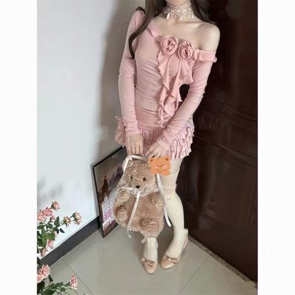 Đầm 2 HOA LỆCH VAI TUA RUA Nhúm eo phối 3 tầng thun ladong Xuân Mai Shop