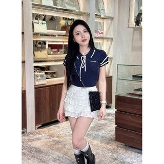 LT - Áo len tăm cổ bẻ chữ ngực tay bèo vai, cổ nơ xinh xắn free size 1430